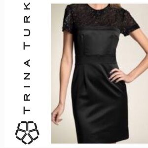 NWT $300 TRINA TURK Women’s Black Sequin Satin Formal Wedding Cocktail Dress 2